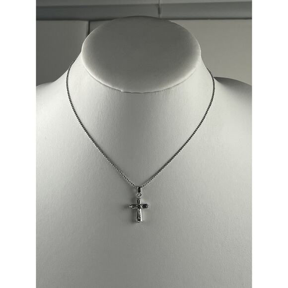 Sterling Silver Necklace 15.25" Ball Chain Clear Quartz Cross Pendant - Picture 12 of 12